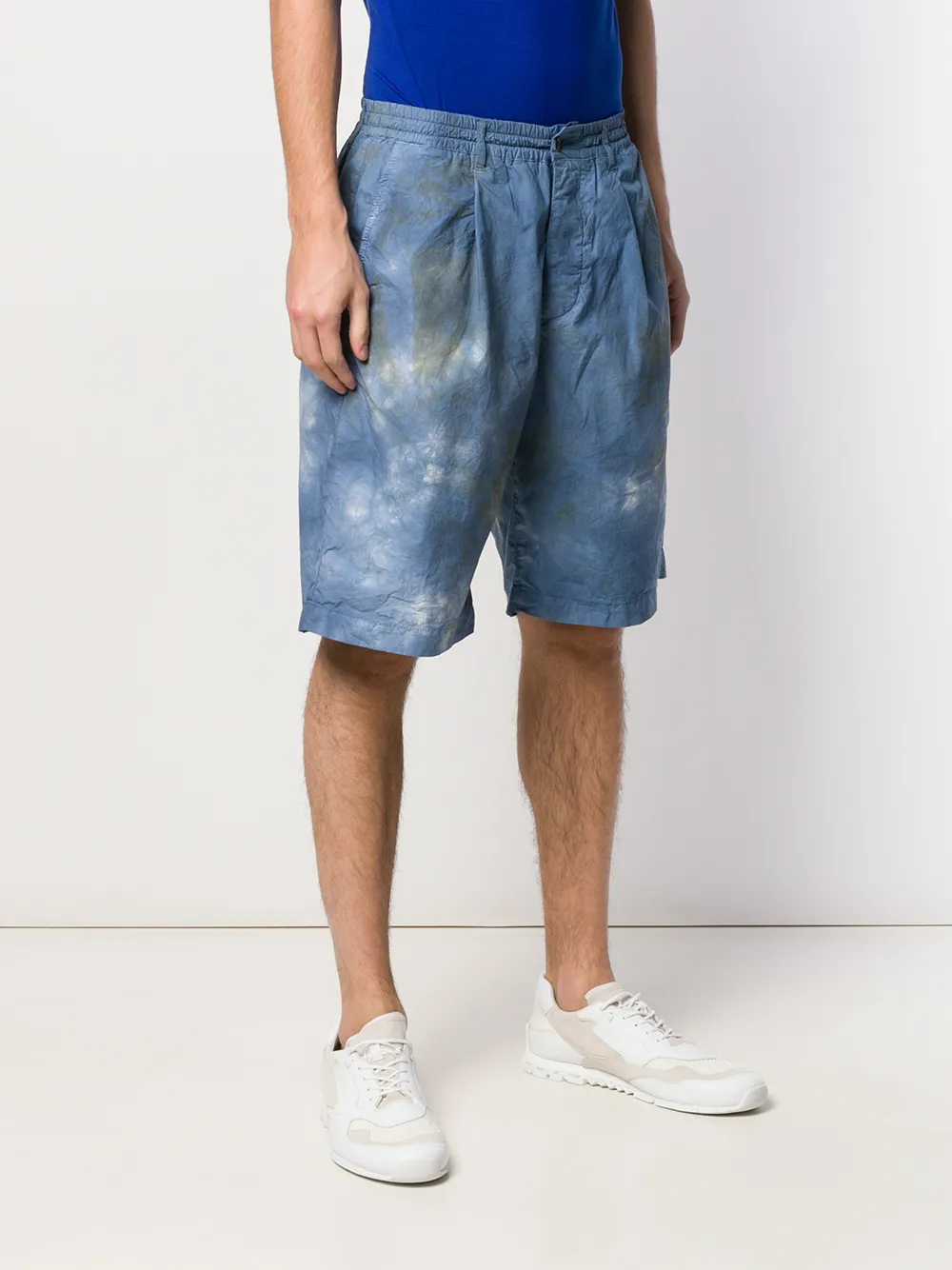 380GSM Blue Hand-Tie-Dye Cotton Bermuda Shorts | Elastic Waist + Pleated Yoke-SS001 3