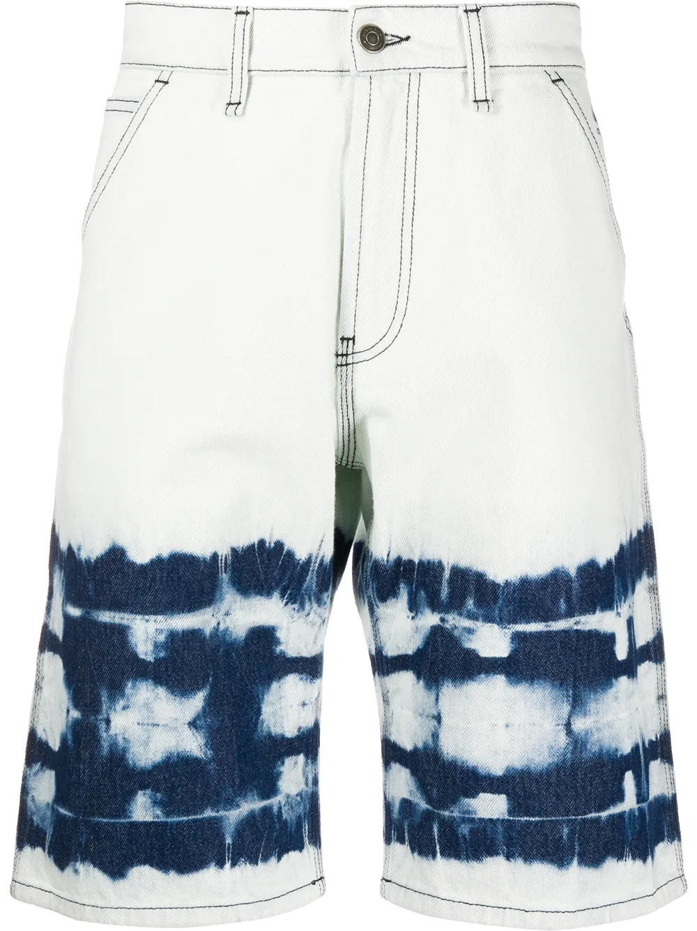 300GSM White & Navy Tie-Dye Abstract Print Denim Shorts | Button-Zip Fly-SS003
