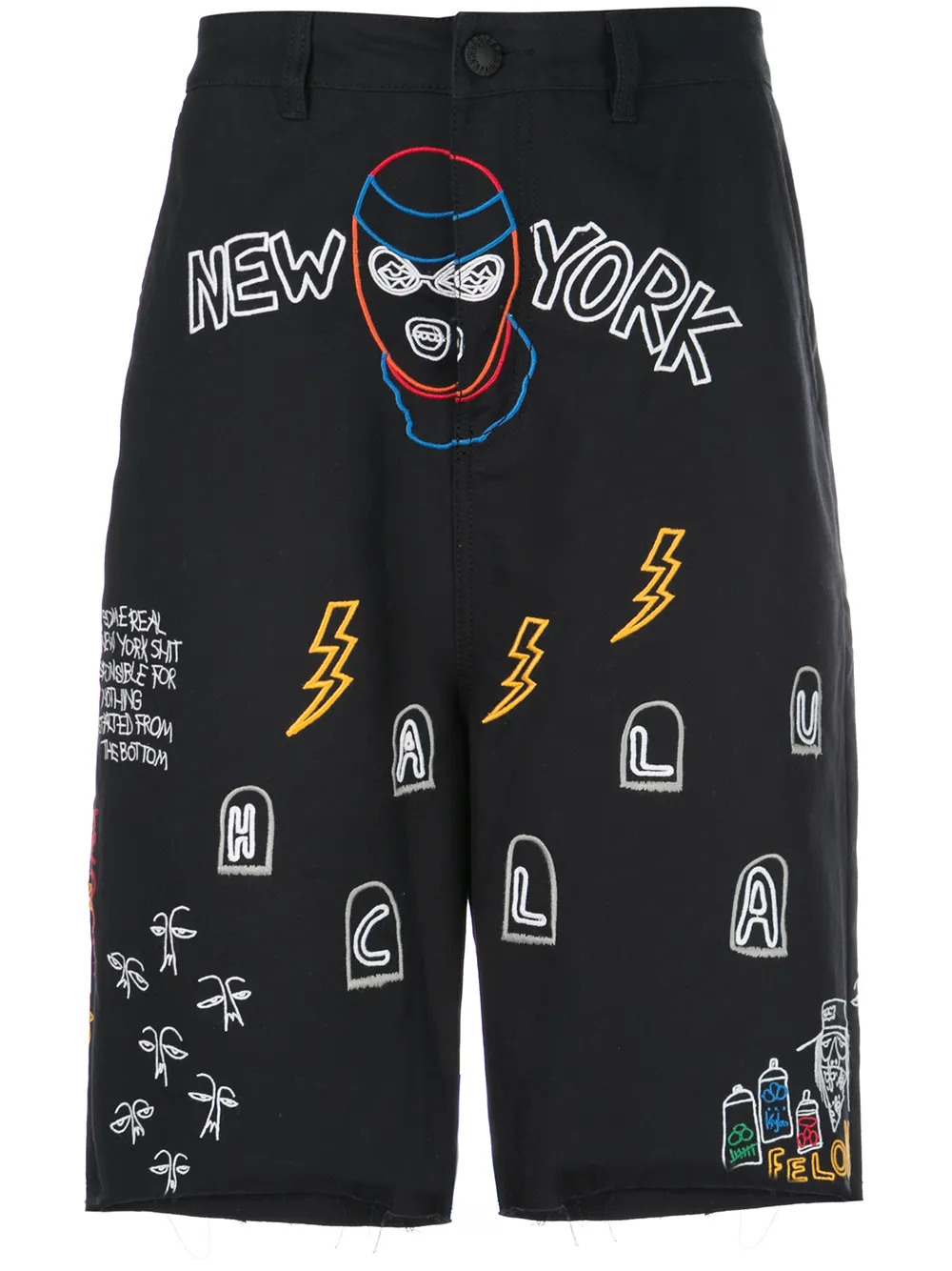 290GSM Black Embroidered Graphic-Print Cotton Nocturnal Woven Shorts | Button-Zip Fly-SS005