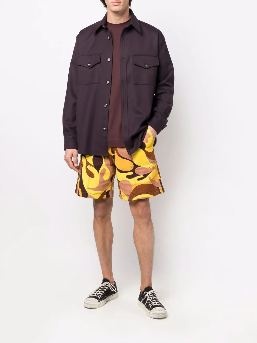 Shorts de treino em algodão com estampa camuflada abstrata em amarelo e marrom, 240 g/m² | Cintura elástica - SS007 2