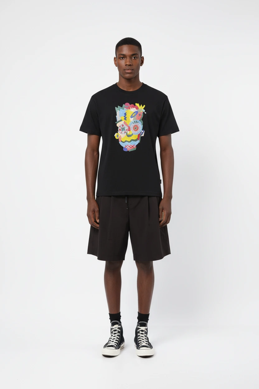 Camiseta de gola redonda com bordado de máscara Pop Art 265GSM, 100% algodão - EBDRTS012 1