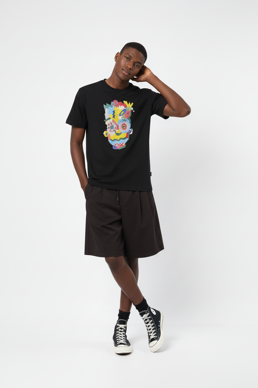 Camiseta de gola redonda com bordado de máscara Pop Art 265GSM, 100% algodão - EBDRTS012 4