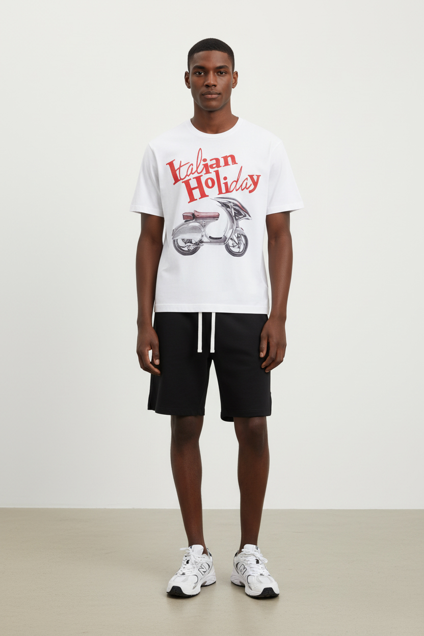 280 GSM Cotton "Italian Holiday" Scooter Graphic DTG-Print Crewneck Cotton T-Shirt-PPTS005