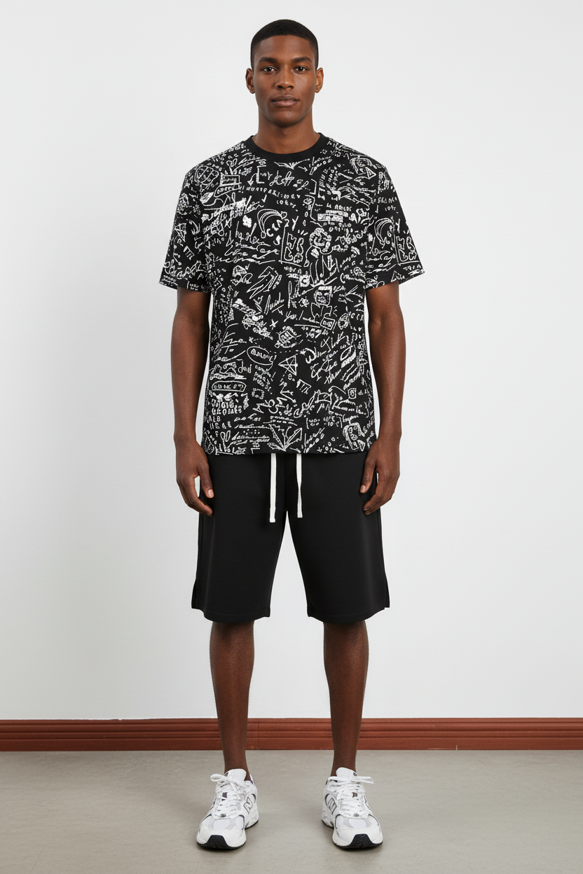 275g All-Over DTG Doodle Graphic Heavyweight Short-Sleeve Print Crewneck Cotton T-Shirt-PTTS004