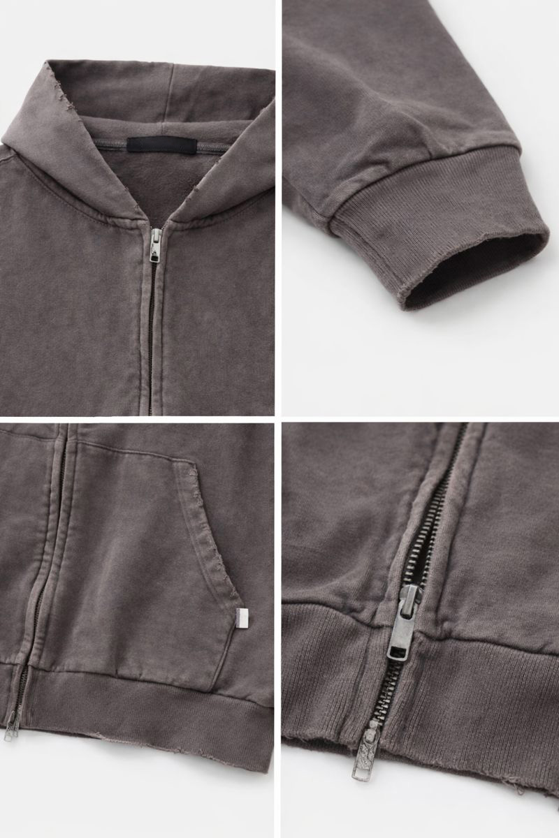 460 g/m² Brauner, gewaschener, abgenutzter Vintage-Hoodie mit Reißverschluss 6