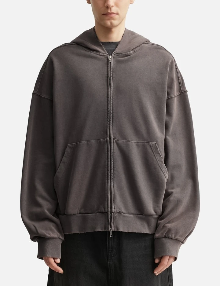 460 g/m² Brauner, gewaschener, abgenutzter Vintage-Hoodie mit Reißverschluss 1