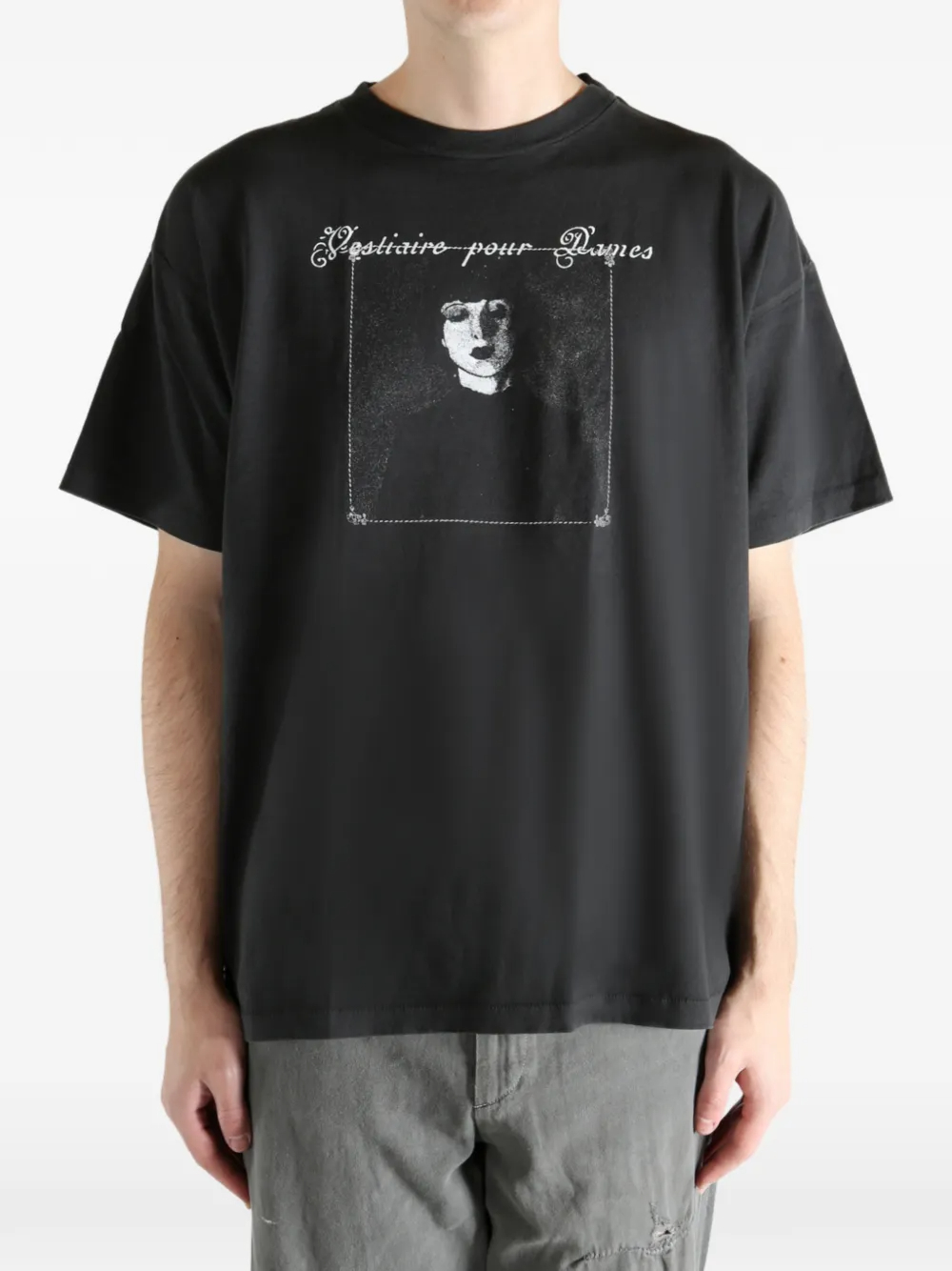 320GSM Men's Oversized Faded Black Tee with French Script & Portrait Print