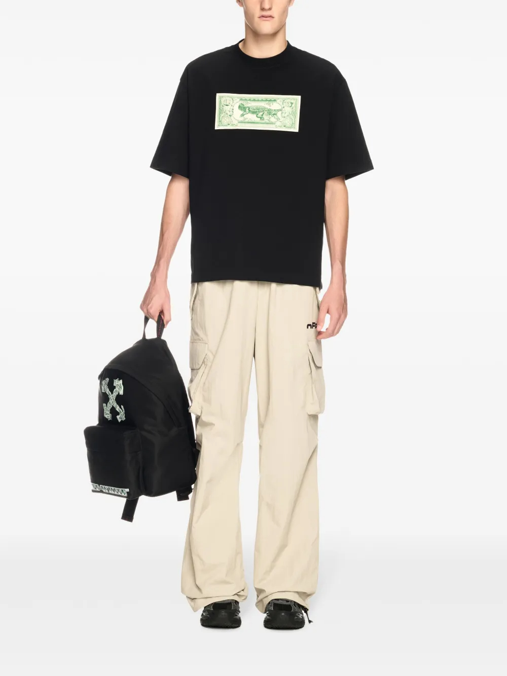 300GSM Men's Black Drop-Shoulder Crewneck Tee with Green Banknote Graphic