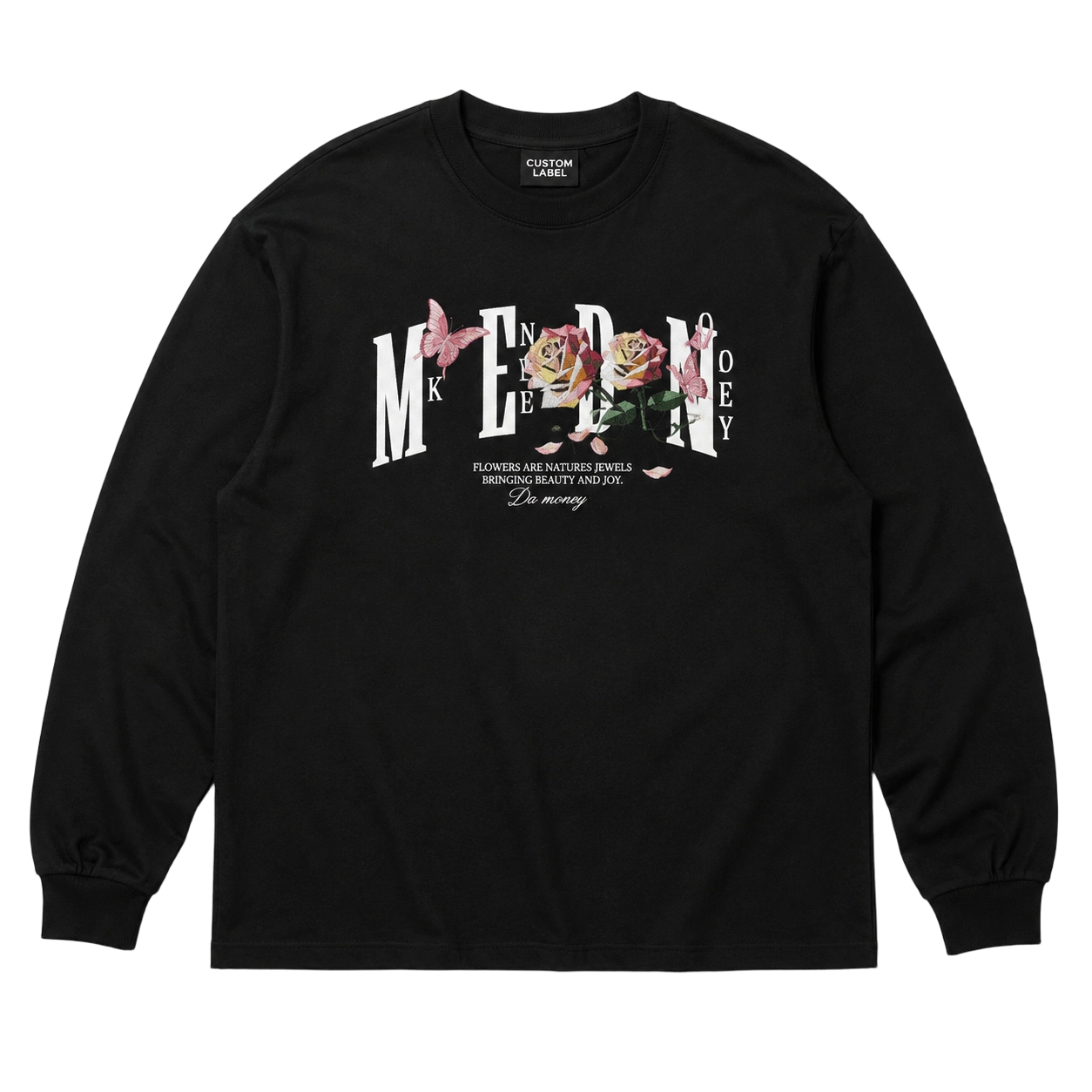 270GSM Heavy Cotton Rose Flat Embroidery Relaxed Fit Long Sleeve Tee