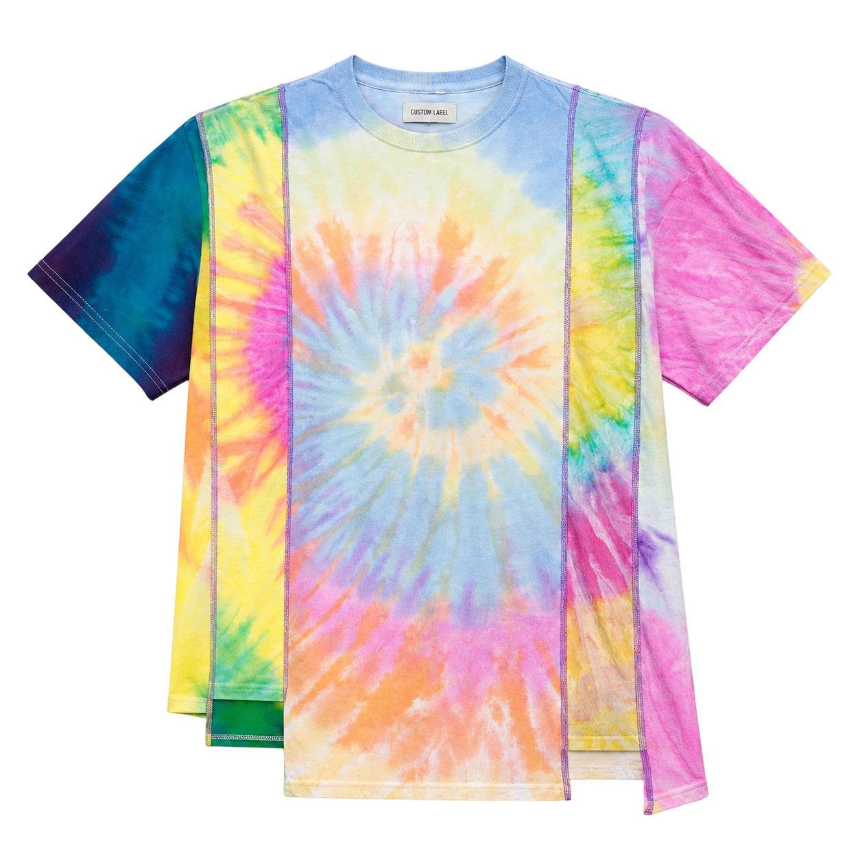 Men's Multicolor 240GSM Spiral Tie Dye T-Shirt with Panelled Patchwork Design