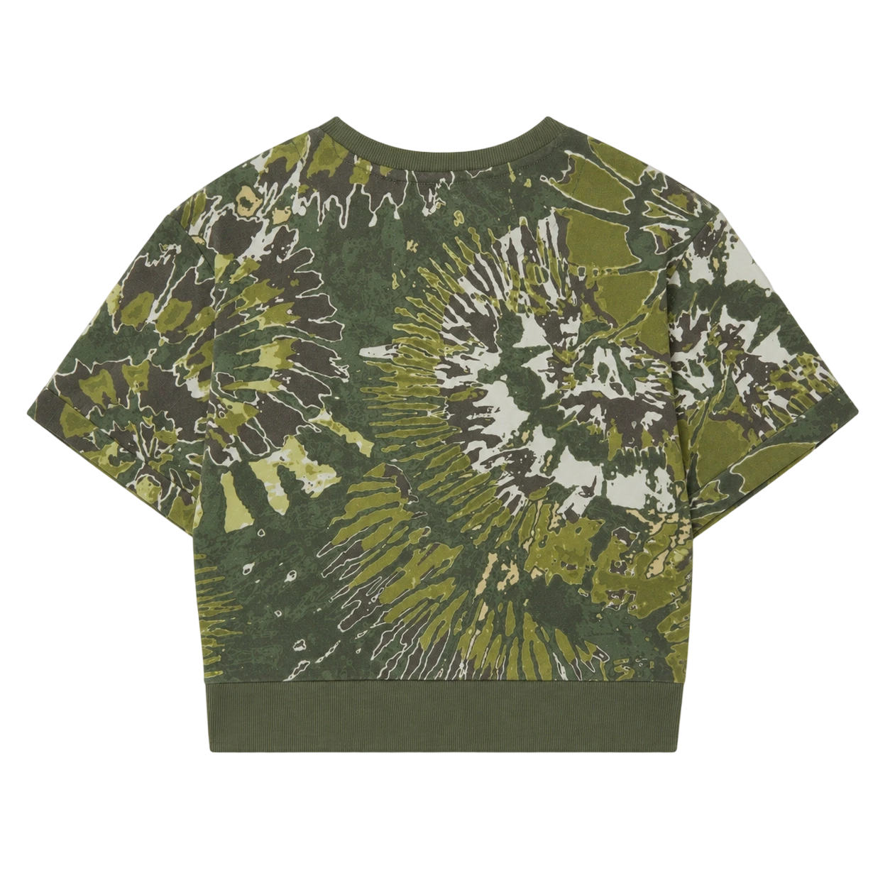 Kurzes Top aus 280 g/m² schwerem, kurzem Schnitt mit Camouflage-Tie-Dye-Muster, gefertigt aus 95 % Baumwolle und 5 % Elastan und mit einem gestickten Aufnäher. 1