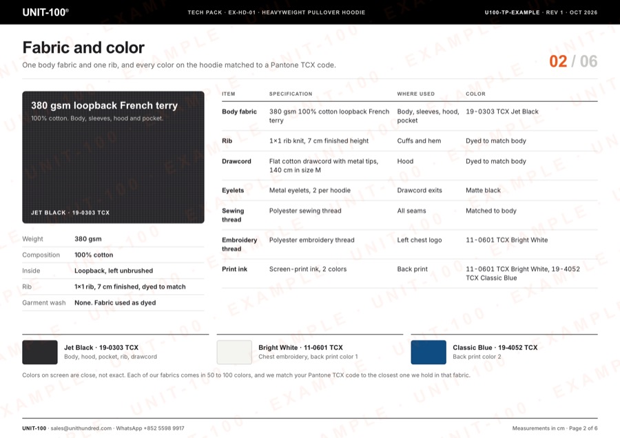 Fabric and color page with the bill of materials and Pantone TCX colors