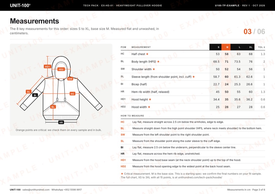Measurements page: the hoodie flat with its 8 key points marked, and their sizes and tolerances
