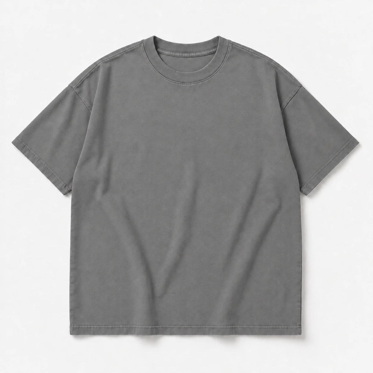 Blank gray T-shirt laid flat with its half chest, length and shoulder measured